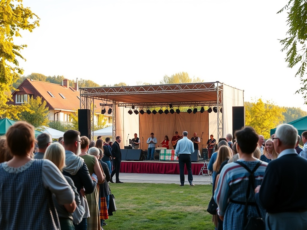 Ilustracja przedstawiająca mieszkańców Bielska Podlaskiego celebrujących majówkę w parku miejskim, otoczonych zielenią i słońcem.